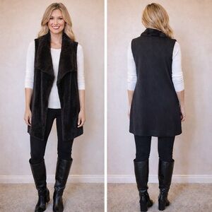 Peace & Pearls Black plush Flyaway faux fur Vest warm ribbed sweater back XL
